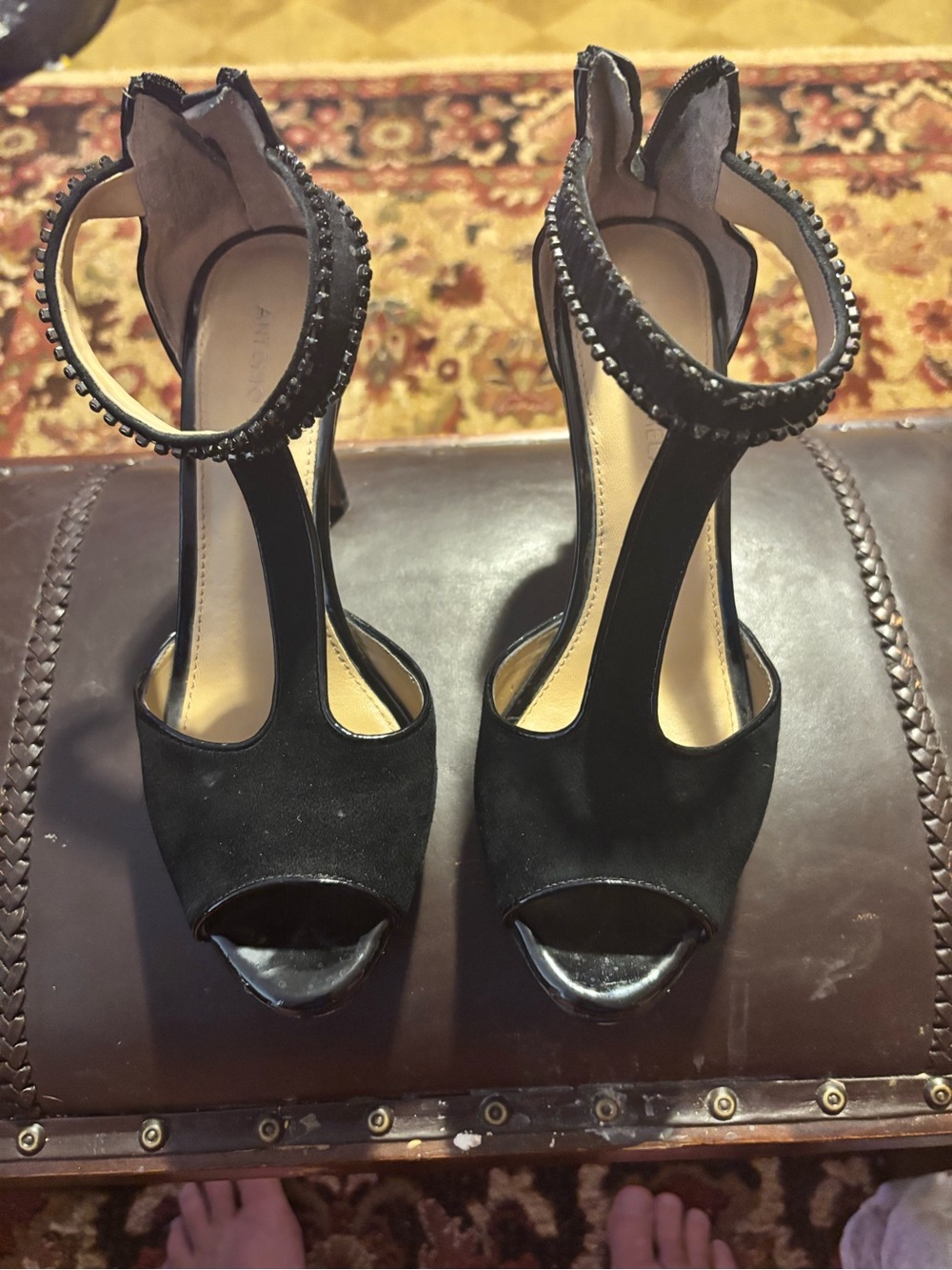 ANTONIO MELANI Black Suede T-Strap Peep Toe Heels with Studded Ankle Strap